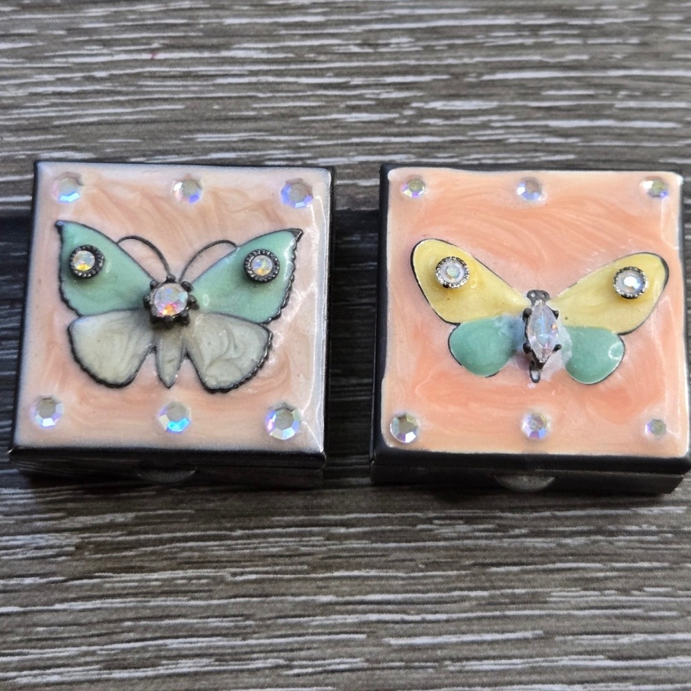 Set of 2 Vintage Style Butterfly Pill Boxes Enamel Rhinestone Trinket Case 1.25"